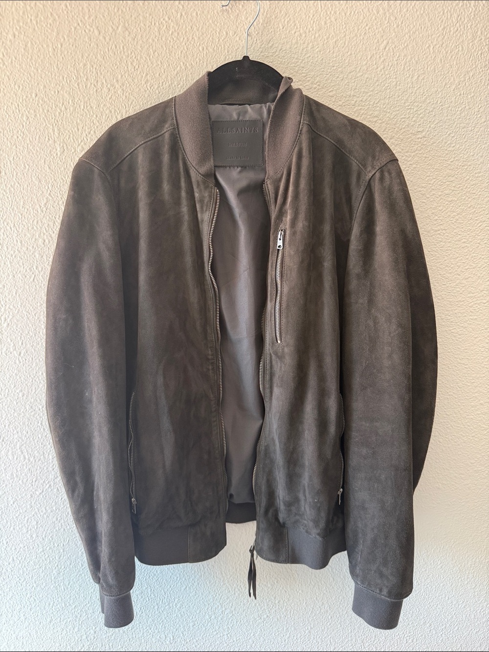 All Saints Men’s Suede Bomber Jacket in Brown (small rip in back of sleeve)